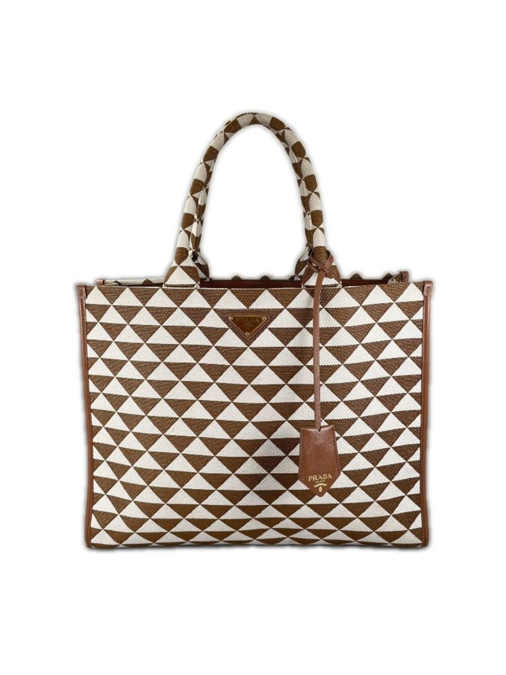Prada Symbol Embroidered Fabric Tote Bag Brown